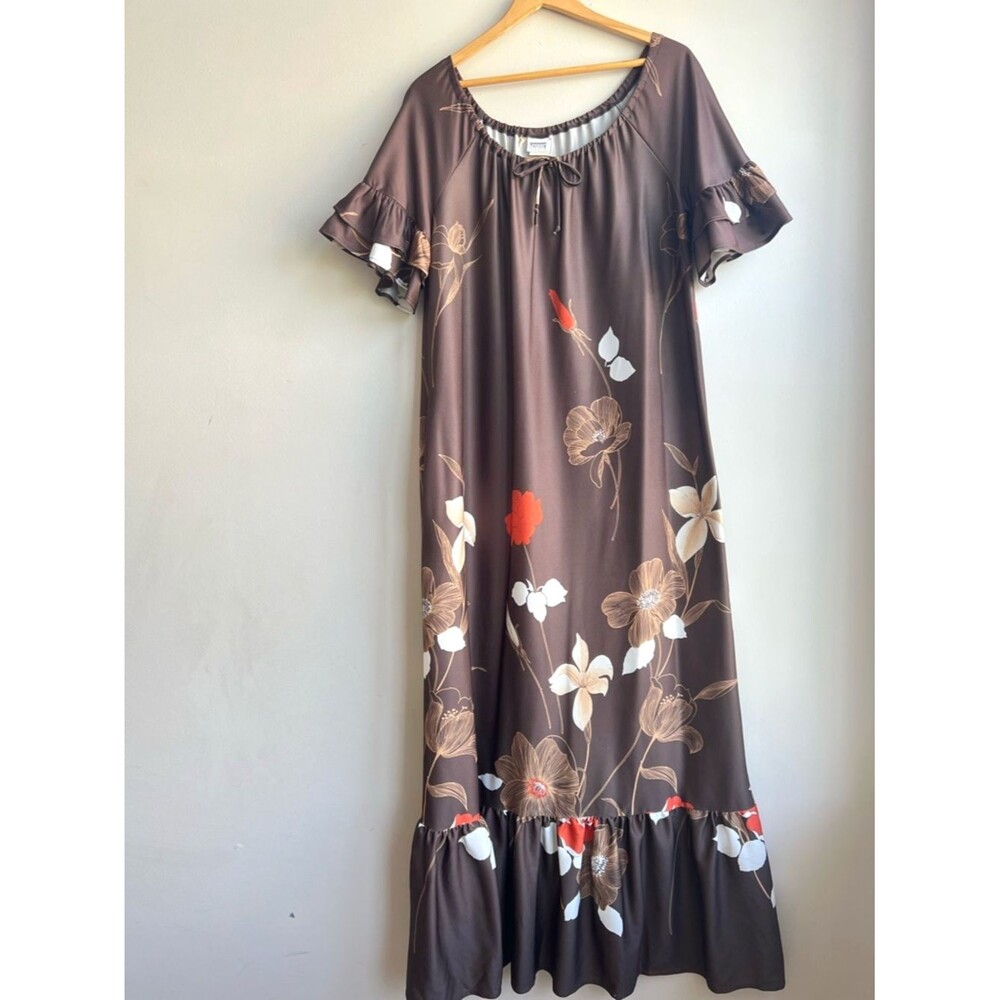 VTG Montgomery Wards Mui Mui Brown Floral Dress L Boho Cottagecore Pockets Maxi